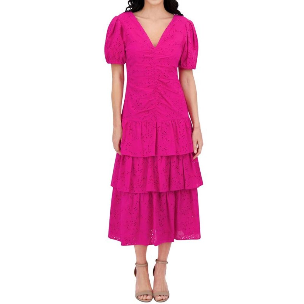 Kensie Womens Embroidered Layered Puff-Sleeve Maxi Dress 12 Hot Pink - NWOT $148